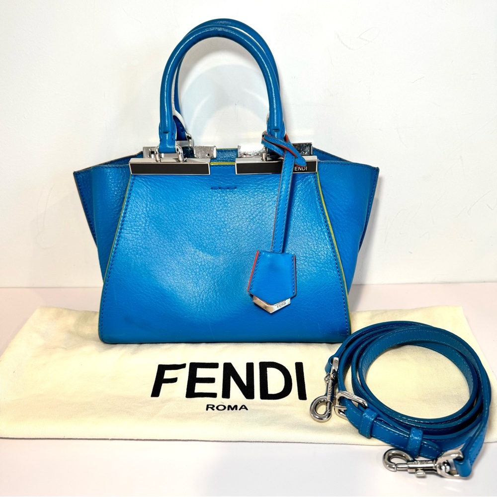 Fendi 3Jours Mini Blue Leather Top Handle Bag W Silver Accent & Crossbody Strap